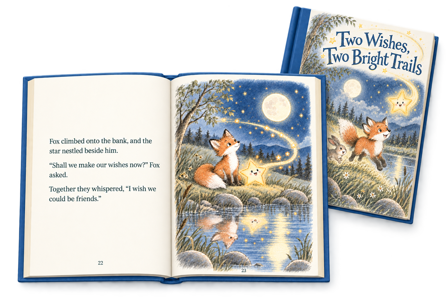 An open illustrated book and the cover of Two Wishes, Two Bright Trails, featuring a fox and a star.