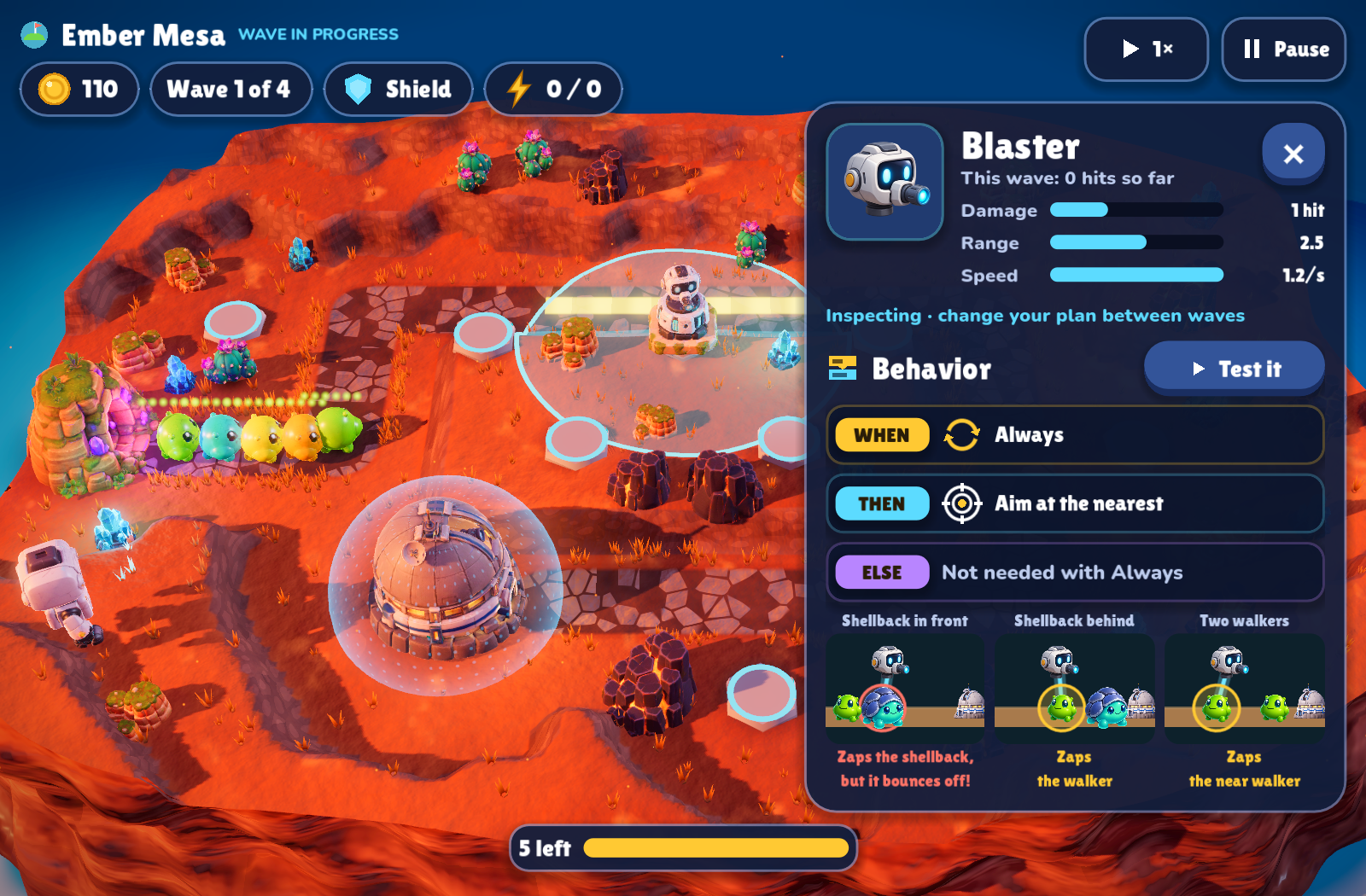 Current Outpost Lab gameplay showing the island, creature route, tower range, and inspection panel.